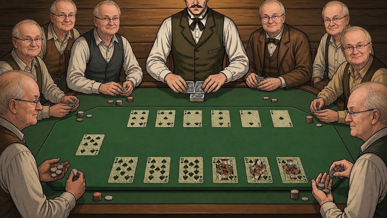 Une table de Faro du Far West où tous les joueurs ont le visage d'Alain Brégeon — autoportrait généré par IA