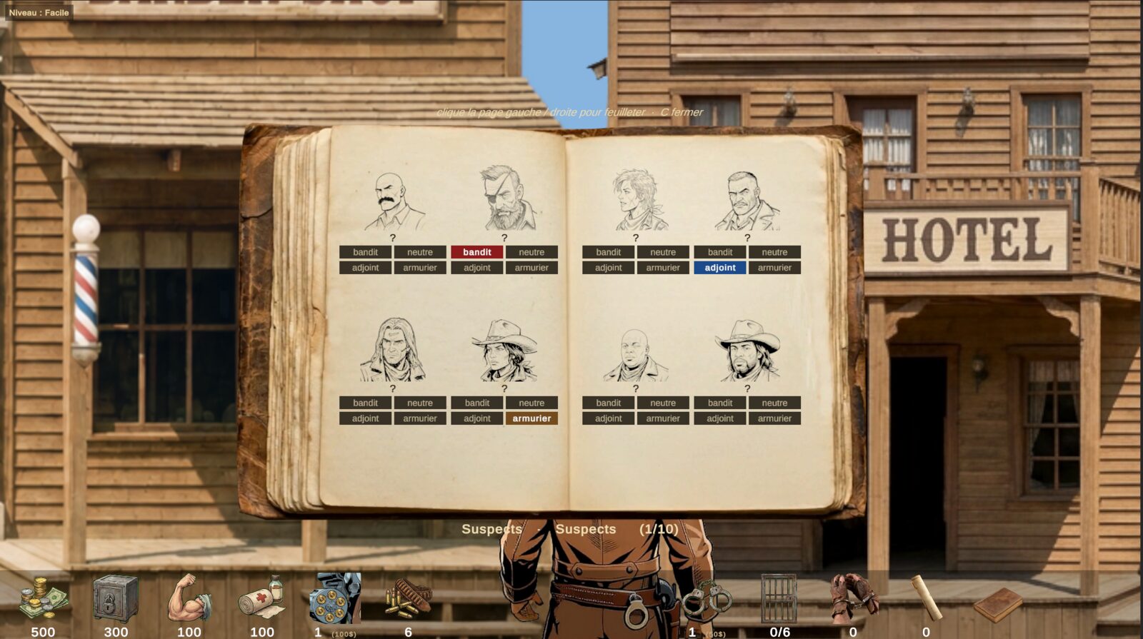 Le carnet d'enquête ouvert sur les portraits des suspects, à classer bandit / neutre / adjoint / armurier (remake 2026)
