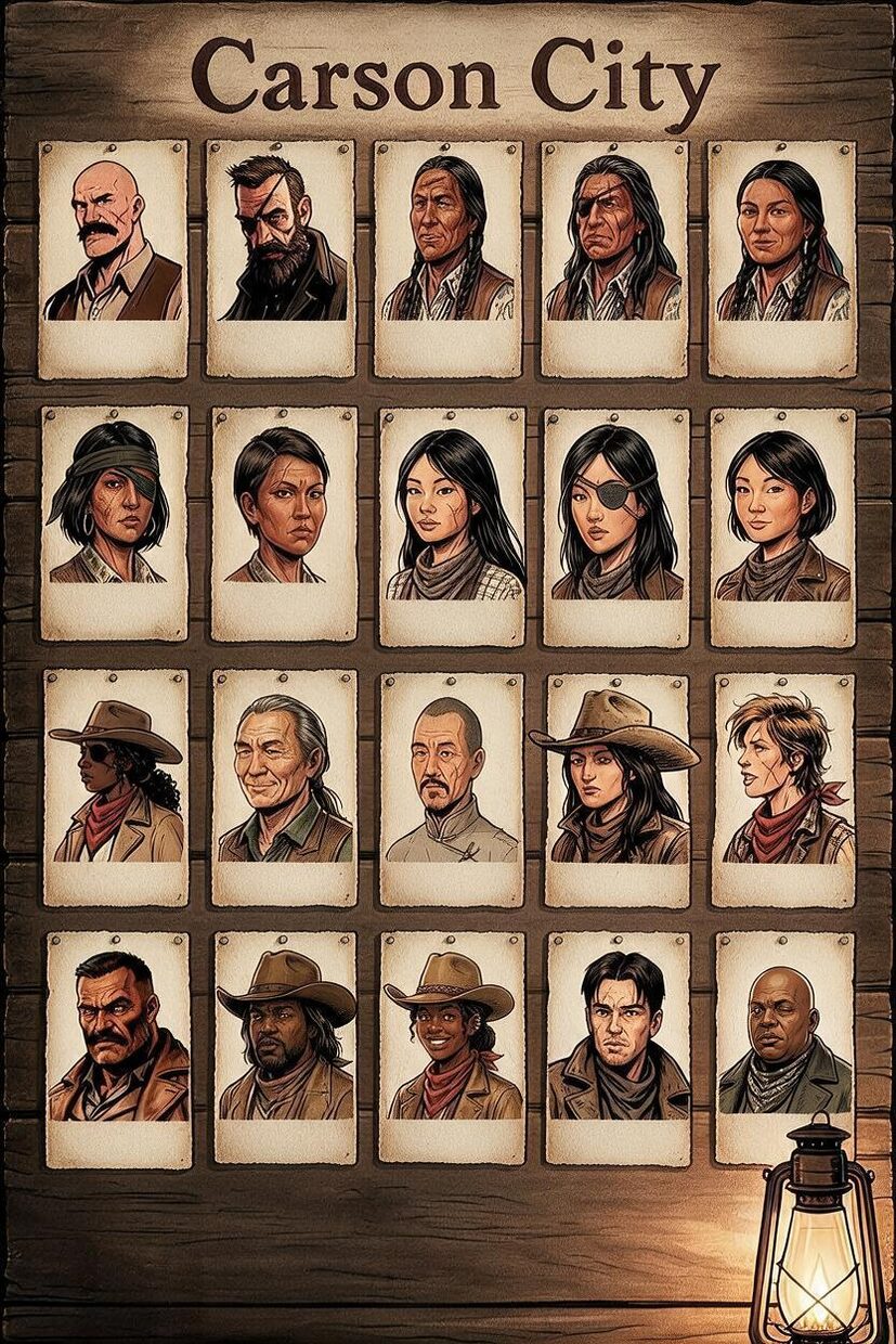 Le plateau des vingt habitants de Carson City, façon « Qui est-ce ? » : portraits cloutés sur une planche de bois, une lanterne dans un coin