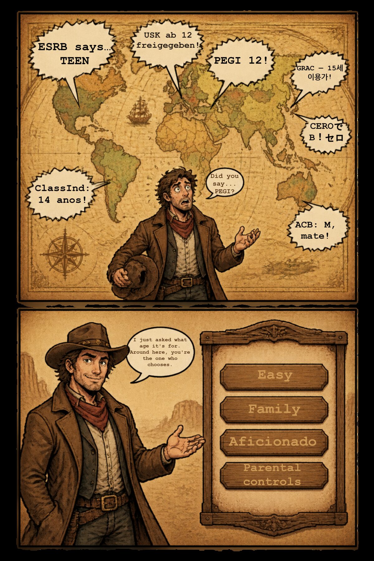 A cowboy facing a world map where every country shouts its own age rating: PEGI, ESRB, USK, CERO, GRAC, ClassInd, ACB.